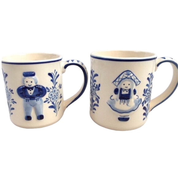 Vintage Other - Vintage JOA Delft Blue and Off-White Hand Painted 3-D Dutch Boy and Girl Mugs